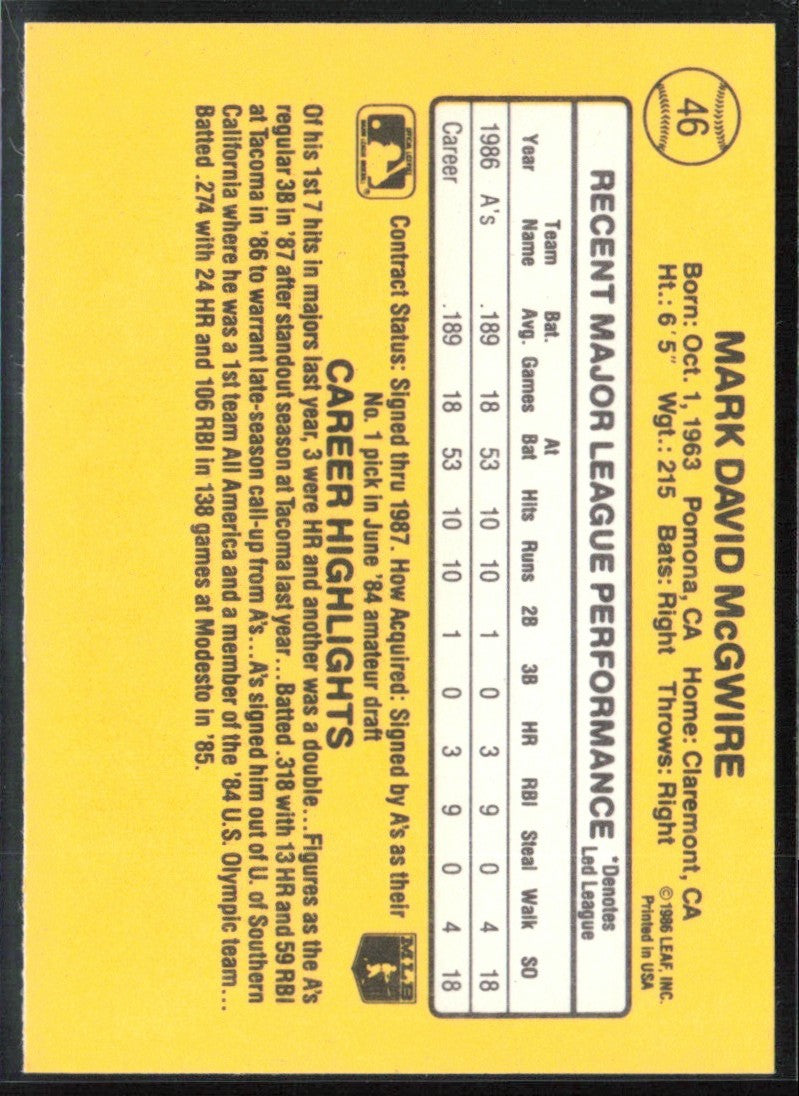 Mark McGwire 1987 Donruss RC #46 Oakland Athletics