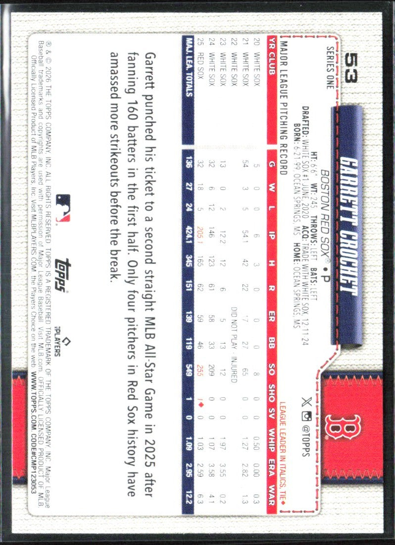 Garrett Crochet 2026 Topps Holofoil #53 Boston Red Sox