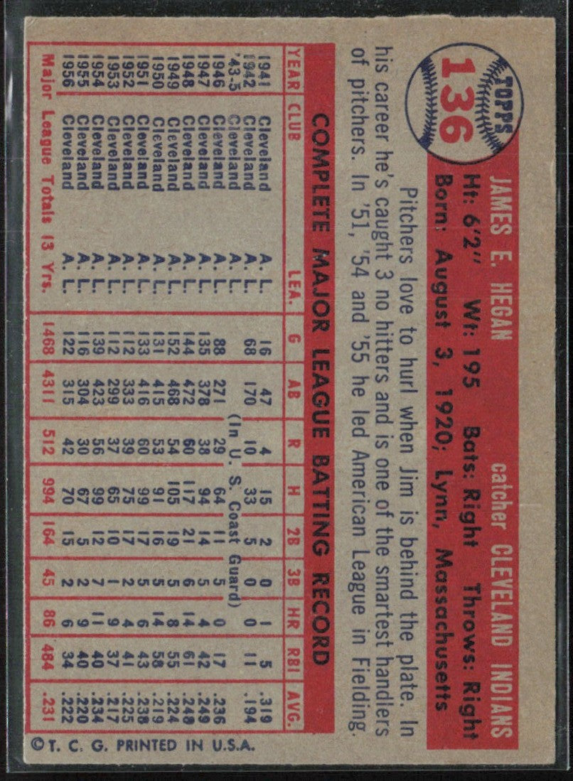 Jim Hegan 1957 Topps #136 Cleveland Indians