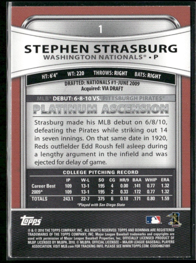 Stephen Strasburg 2010 Bowman Platinum RC #1 Washington Nationals