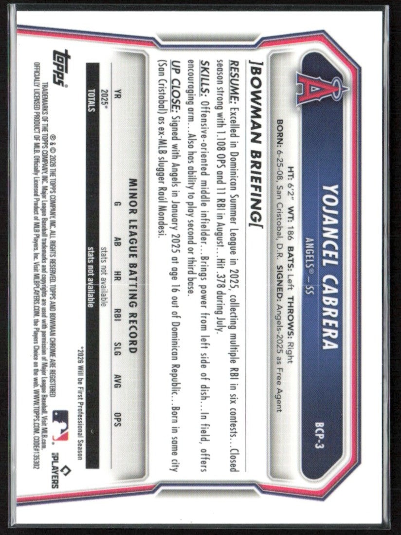 Yojancel Cabrera 2026 Bowman Chrome Reptilian #BCP-3 Los Angeles Angels