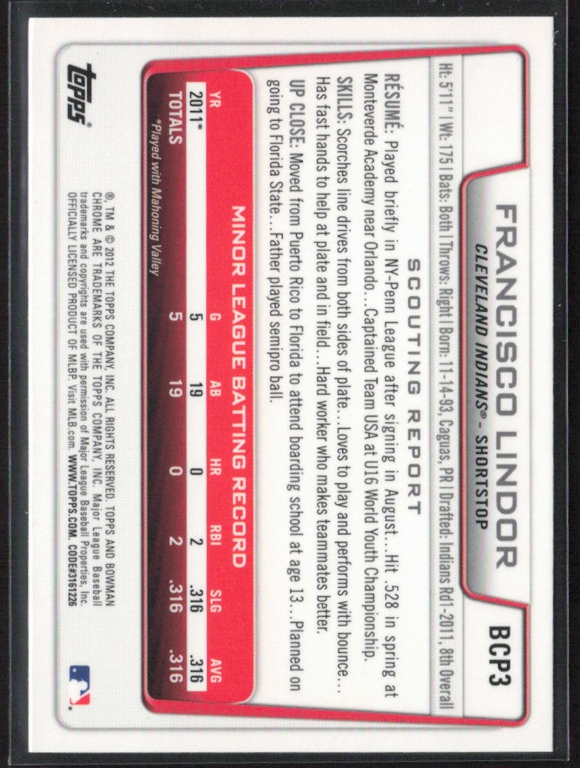 Francisco Lindor 2012 Bowman Chrome #BCP3 Cleveland Indians