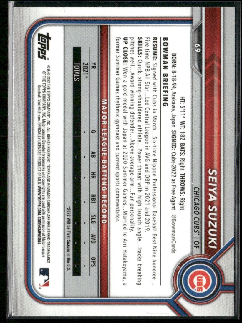 Seiya Suzuki 2022 Bowman Chrome RC #69 Chicago Cubs