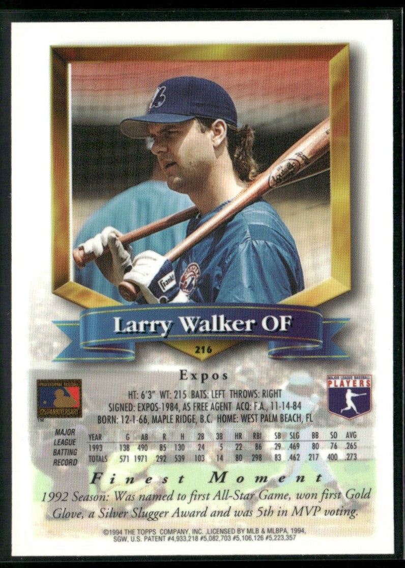 Larry Walker 1994 Topps Finest #216 Montreal Expos