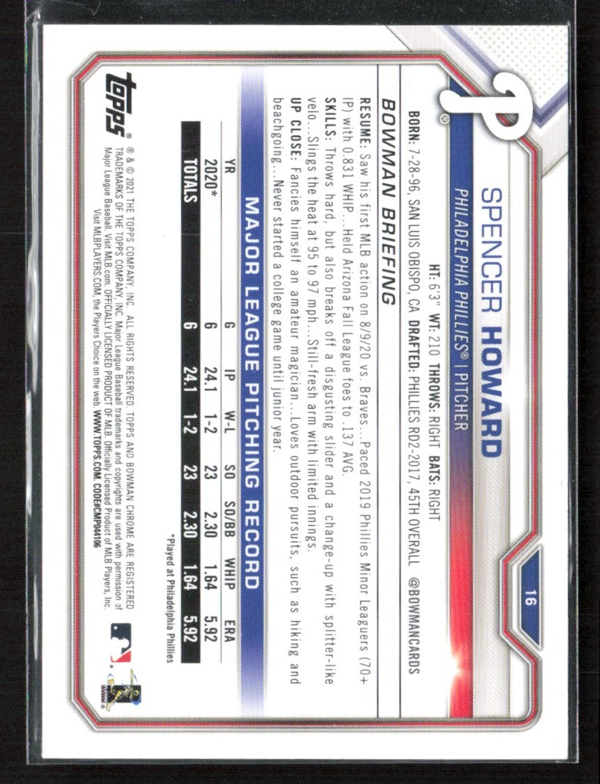 Spencer Howard 2021 Bowman Blue /150 #16 Philadelphia Phillies