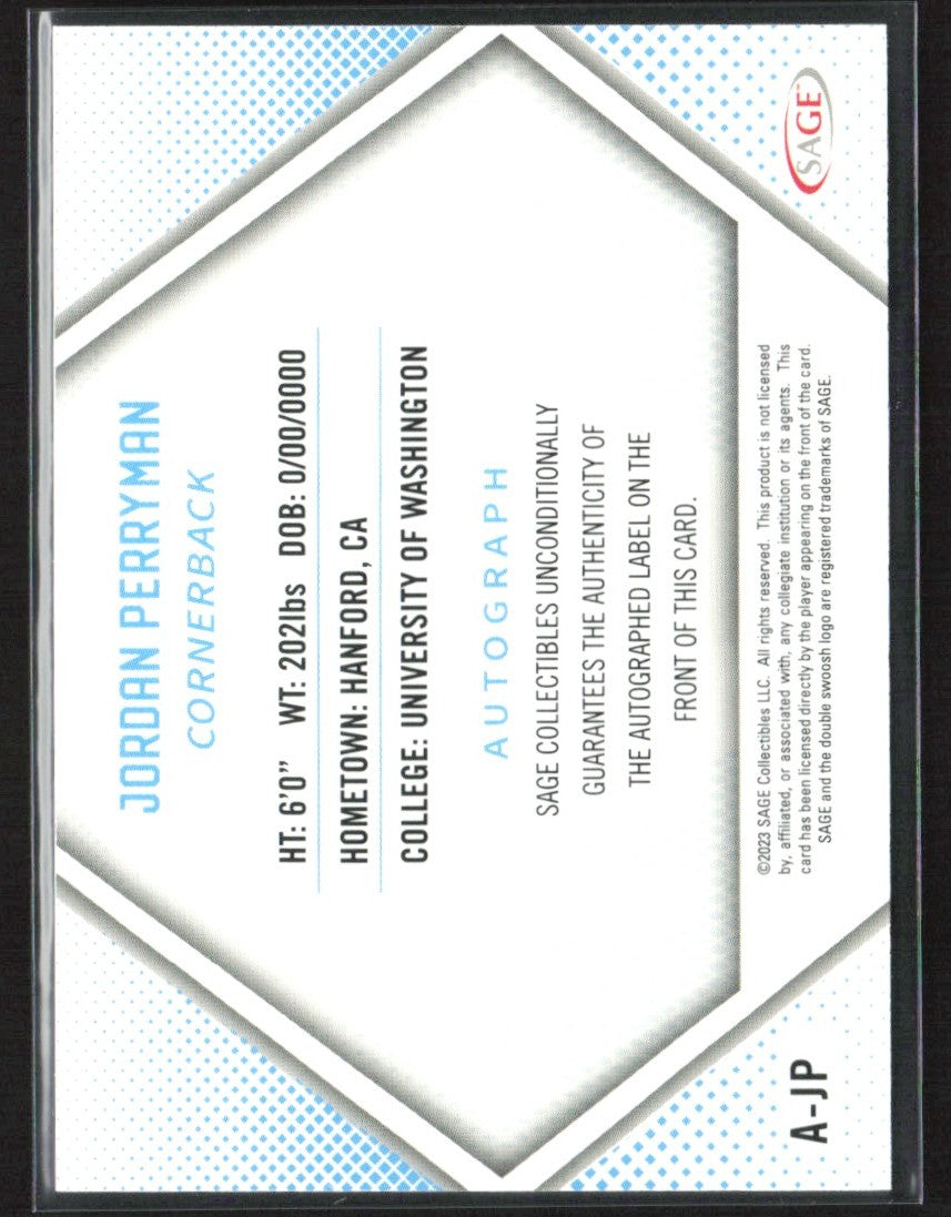 Jordan Perryman 2023 SAGE (High Series) RC AUTO #A-JP Washington Huskies