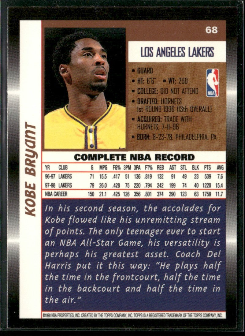 Kobe Bryant 1998 Topps #68 Los Angeles Lakers