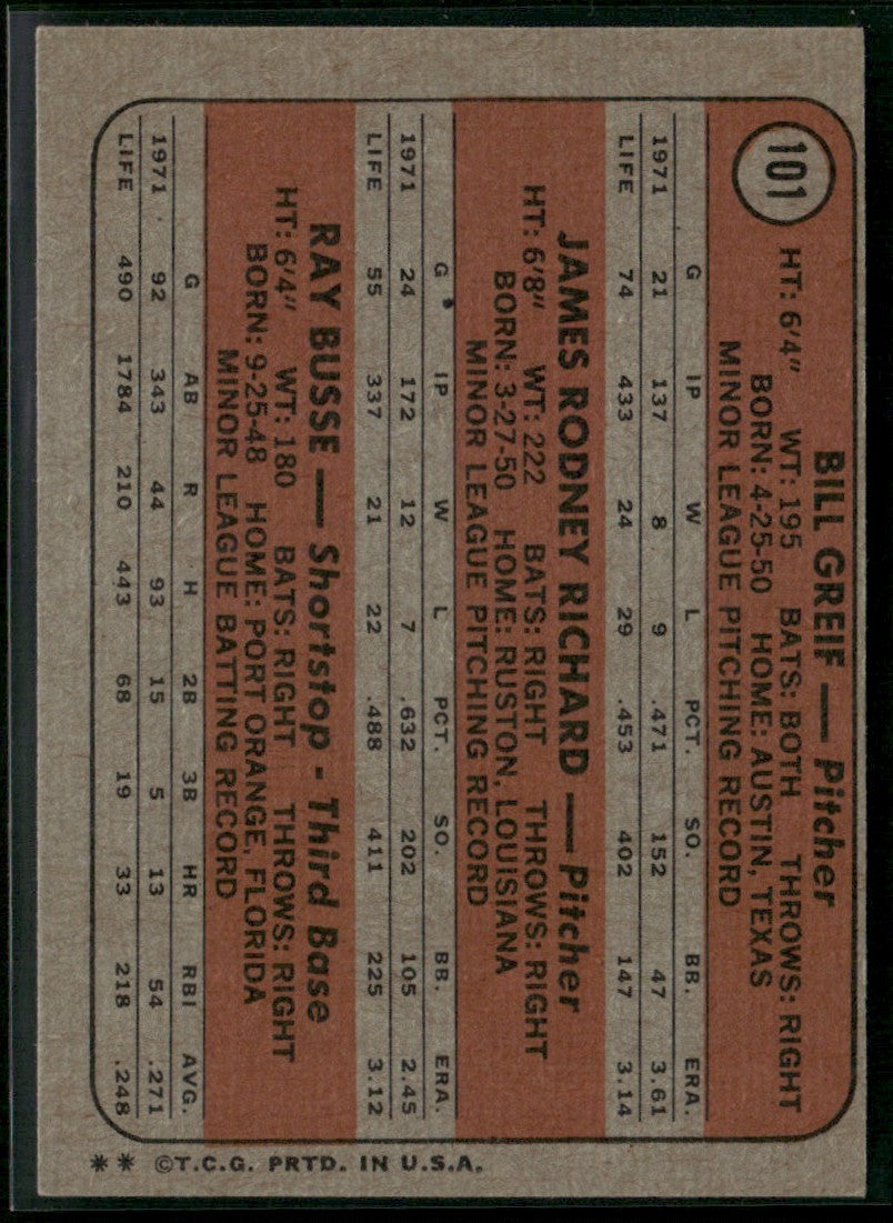 Astros Rookies - Bill Greif/J.R. Richard/Ray Busse 1972 Topps Rookie Stars RC
