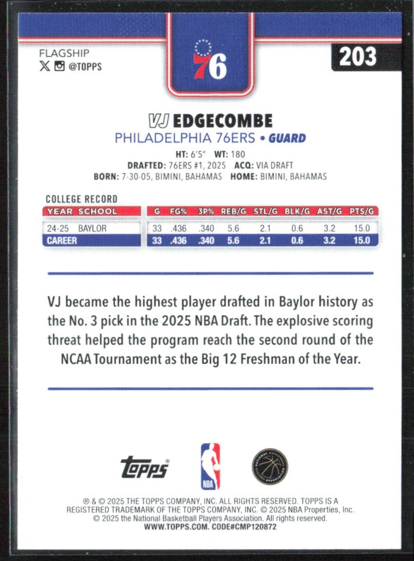 VJ Edgecombe 2025 Topps RC #203 Philadelphia 76ers