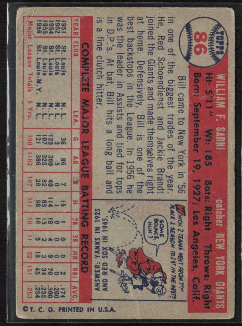 Bill Sarni 1957 Topps #86 New York Giants