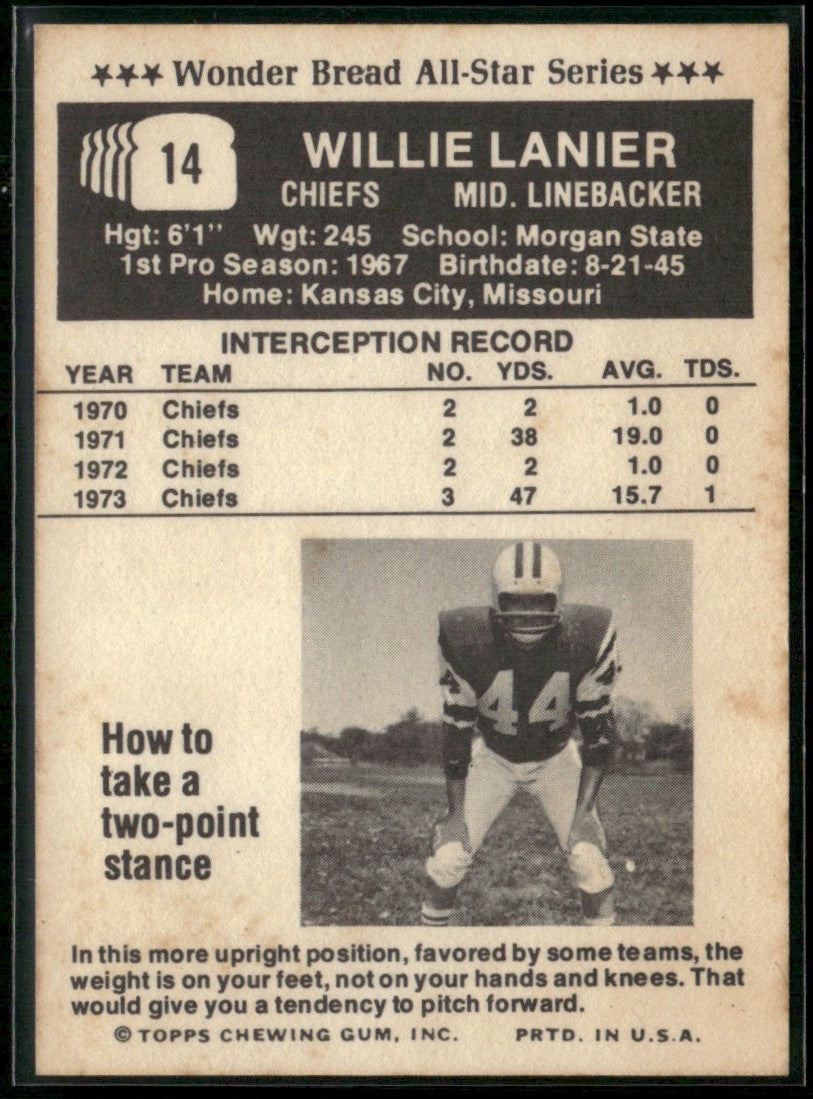Willie Lanier 1974 Topps Wonder Bread #14 Kansas City Chiefs