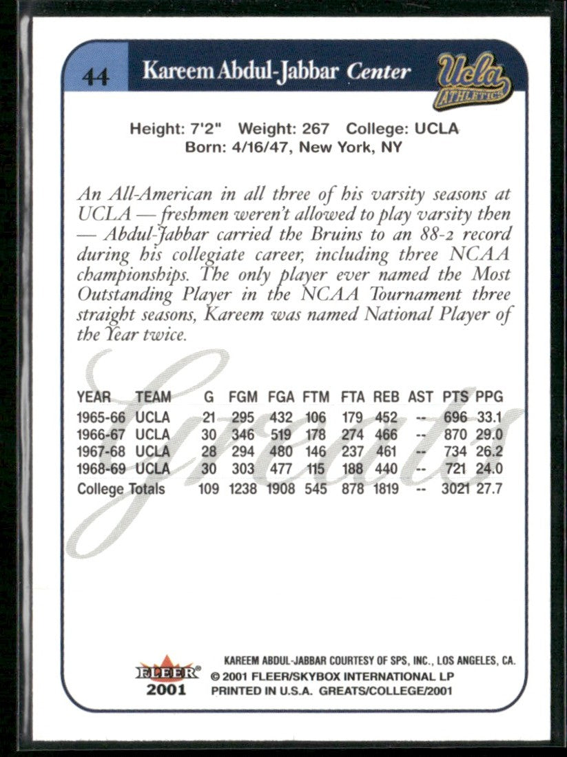 Kareem Abdul-Jabbar 2001 Fleer Greats of the Game #44 UCLA Bruins