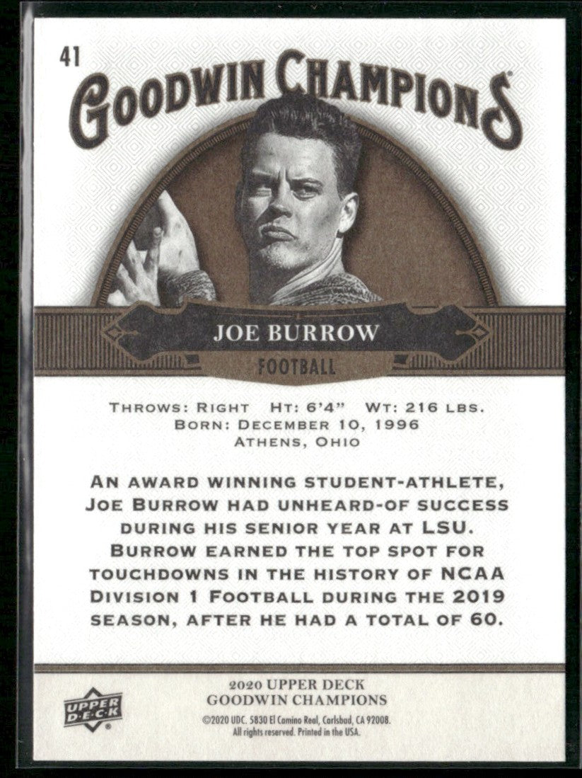 Joe Burrow 2020 Upper Deck Goodwin Champions RC #41 LSU Tigers