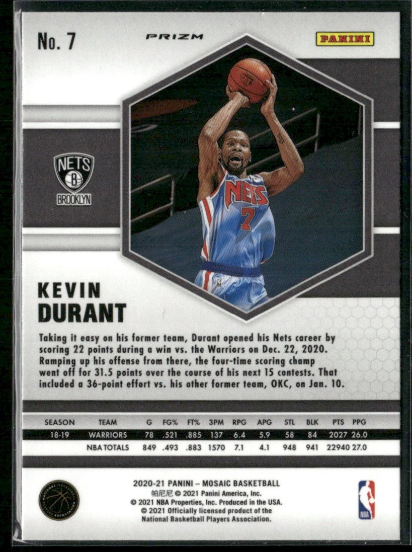 Kevin Durant 2020 Panini Mosaic Reactive Blue #7 Brooklyn Nets