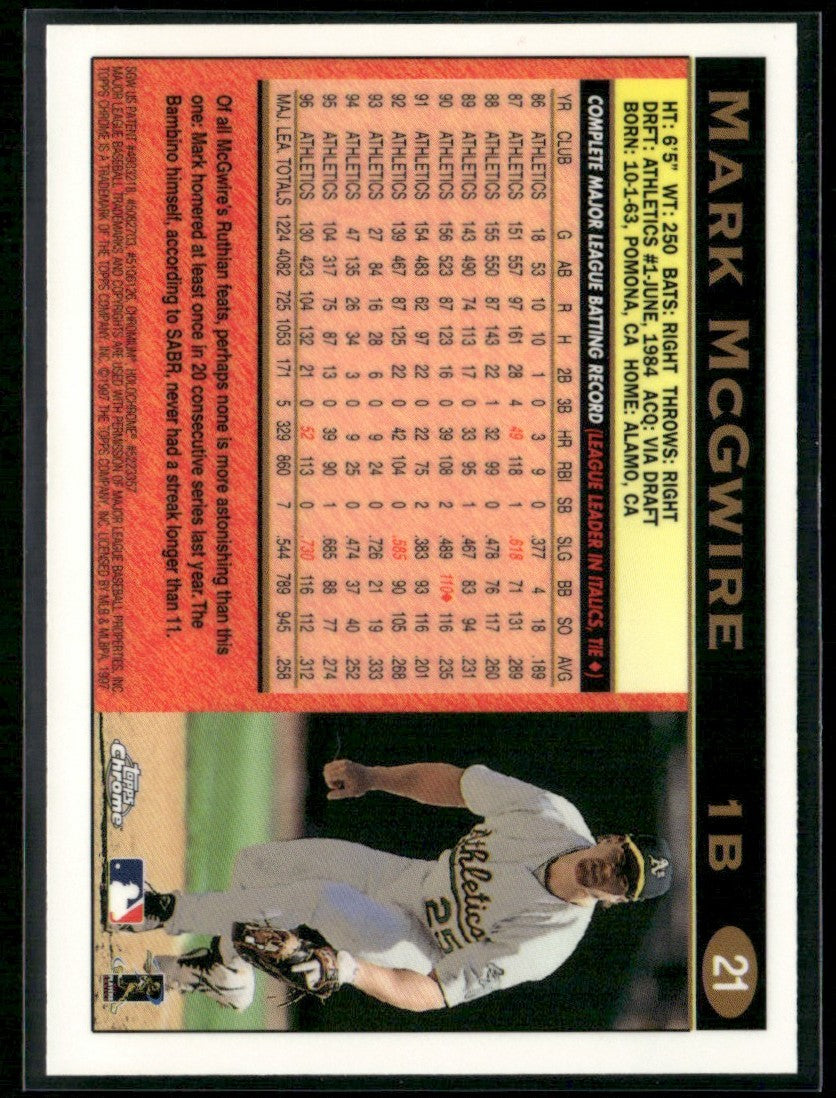 Mark McGwire 1997 Topps Chrome #21 Oakland Athletics