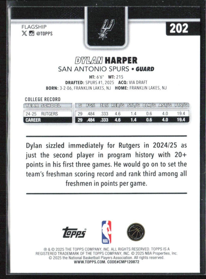 Dylan Harper 2025 Topps RC #202 San Antonio Spurs