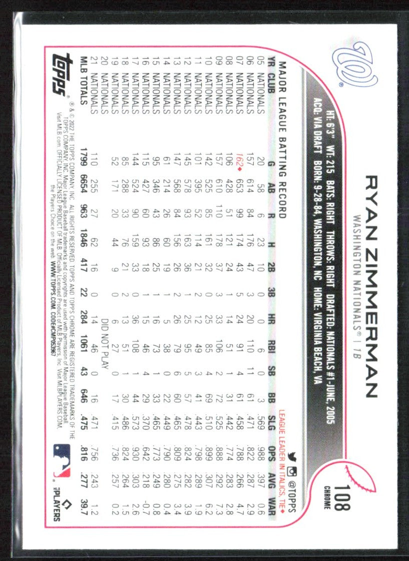 Ryan Zimmerman 2022 Topps Chrome Sepia Refractor #108 Washington Nationals