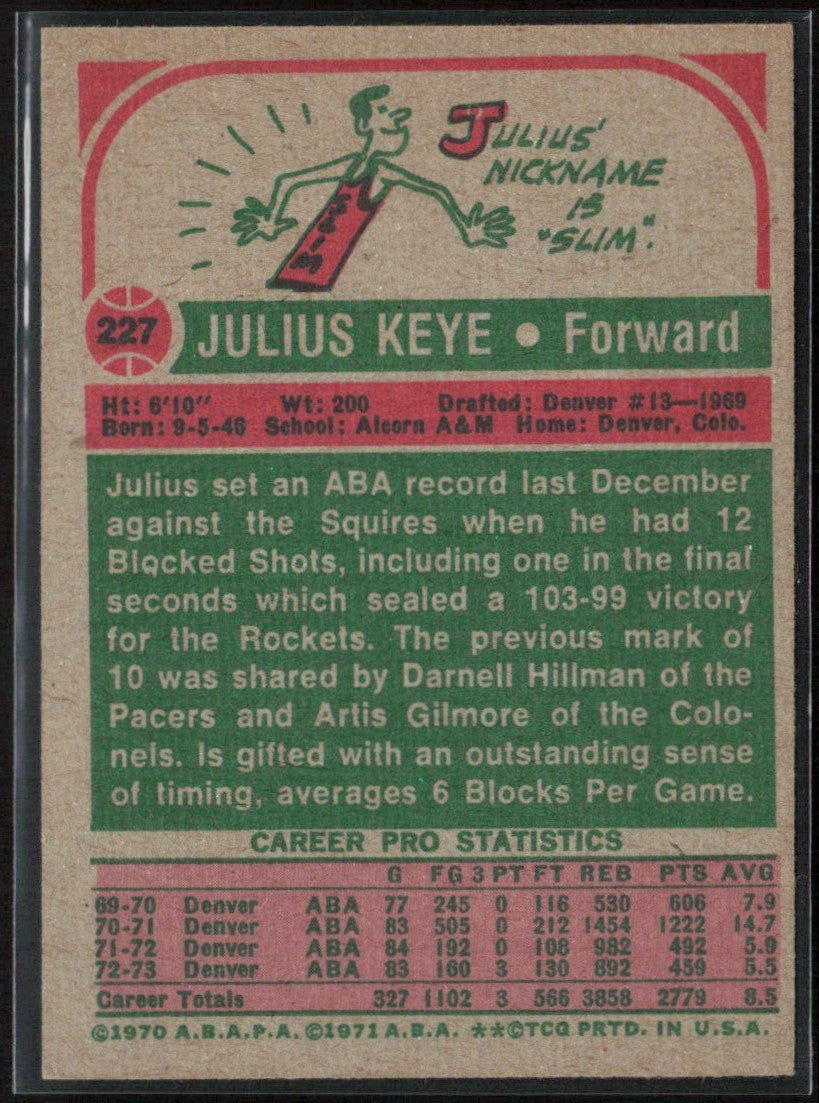 Julius Keye 1973 Topps #227 Denver Rockets