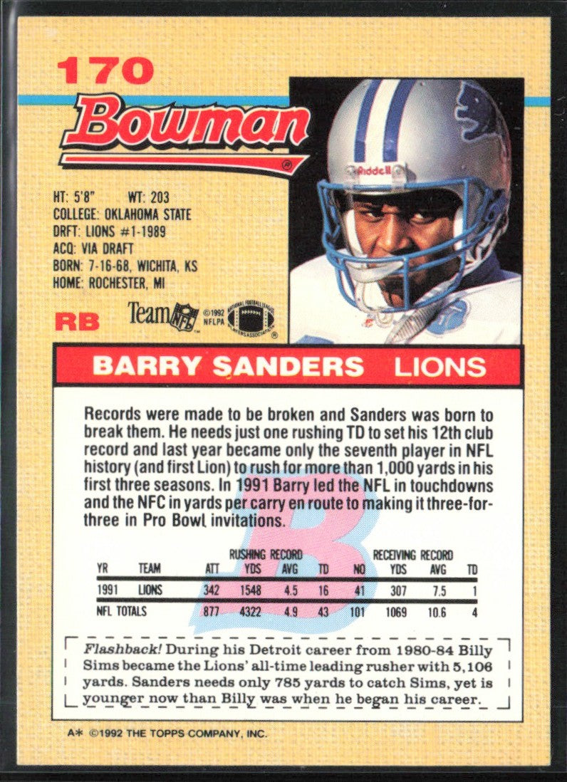 Barry Sanders 1992 Bowman #170 Detroit Lions