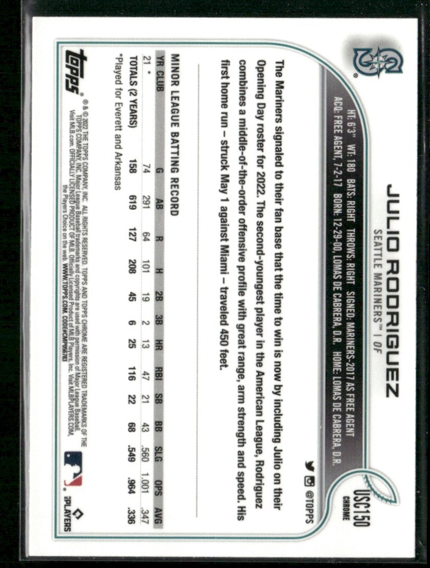 Julio Rodriguez 2022 Topps Chrome Update RC #USC150 Seattle Mariners