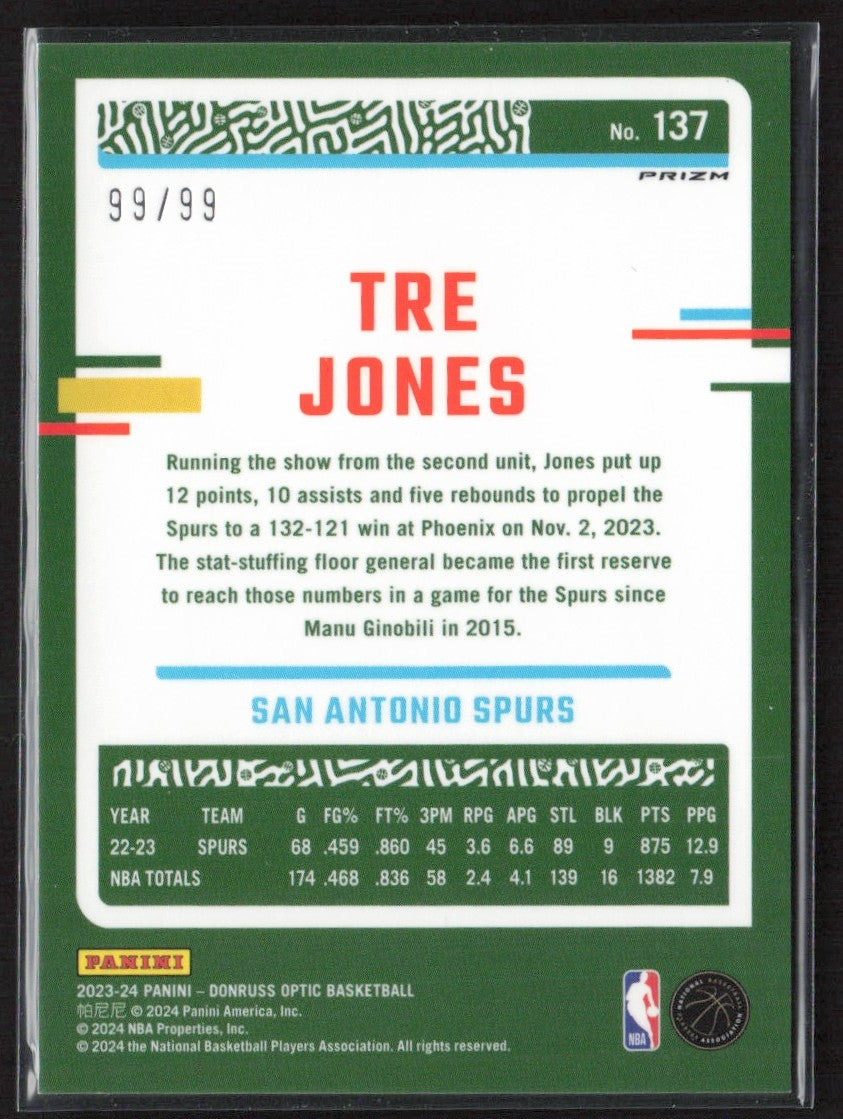 Tre Jones 2023 Donruss Optic Red Flood /99 #137 San Antonio Spurs