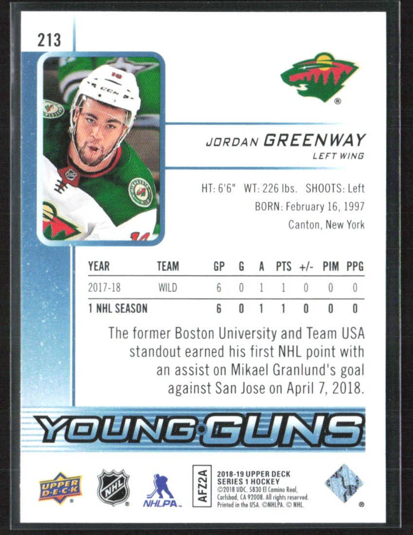 Jordan Greenway 2018 Upper Deck Young Guns RC #213 Minnesota Wild