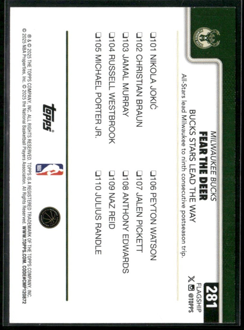 Fear the Deer: Bucks Stars Lead the Way 2025 Topps Season Tip Off #281