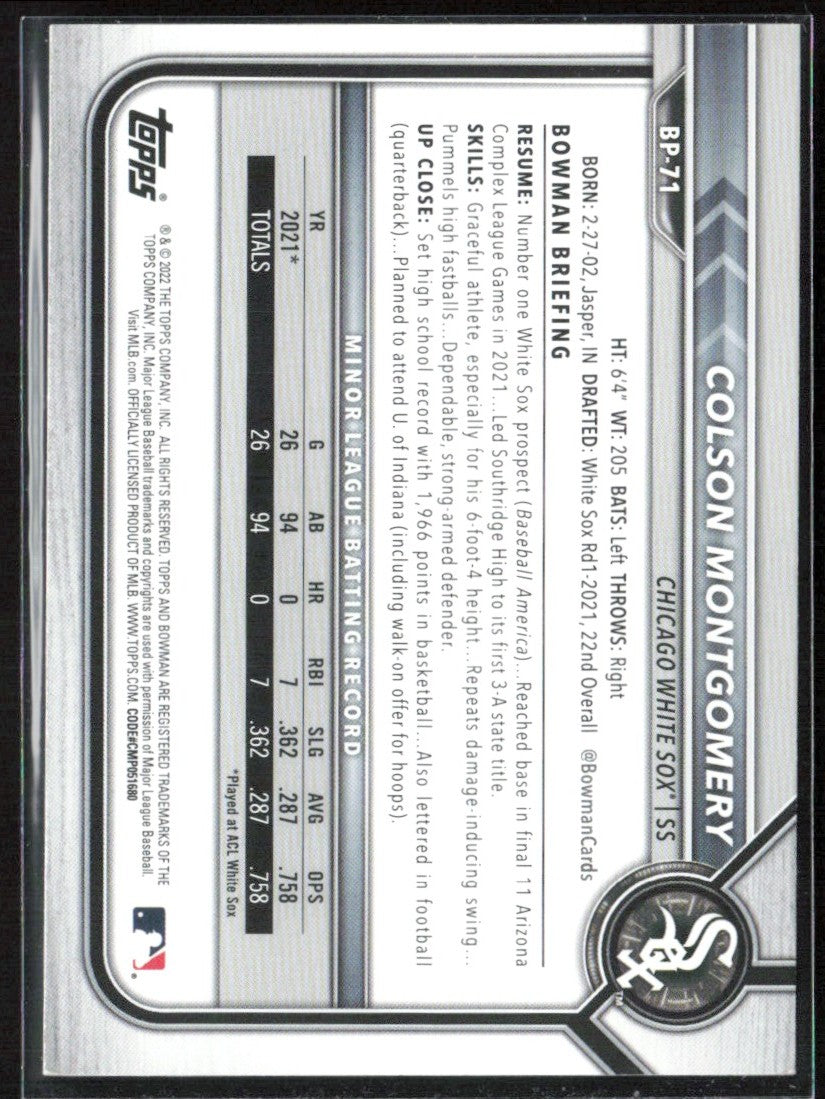 Colson Montgomery 2022 Bowman Prospects #BP-71 Chicago White Sox