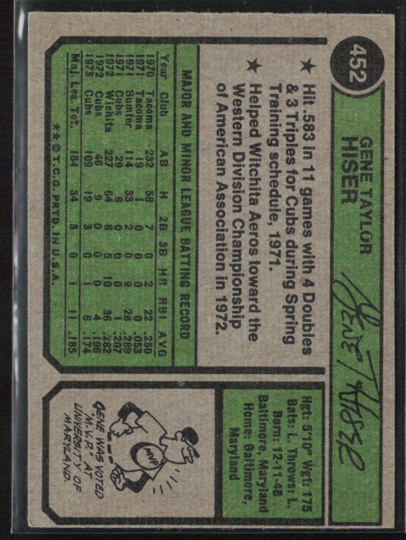 Gene Hiser 1974 Topps #452 Chicago Cubs