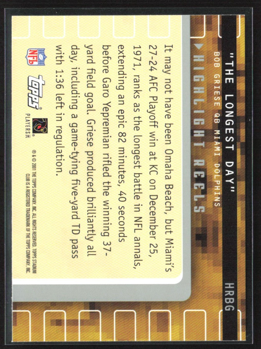 Bob Griese 2001 Topps Stadium Club Highlight Reels #HRBG Miami Dolphins