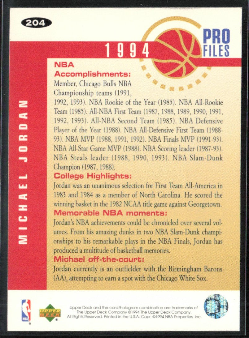 Michael Jordan 1994 Collector's Choice Pro Files #204 Chicago Bulls