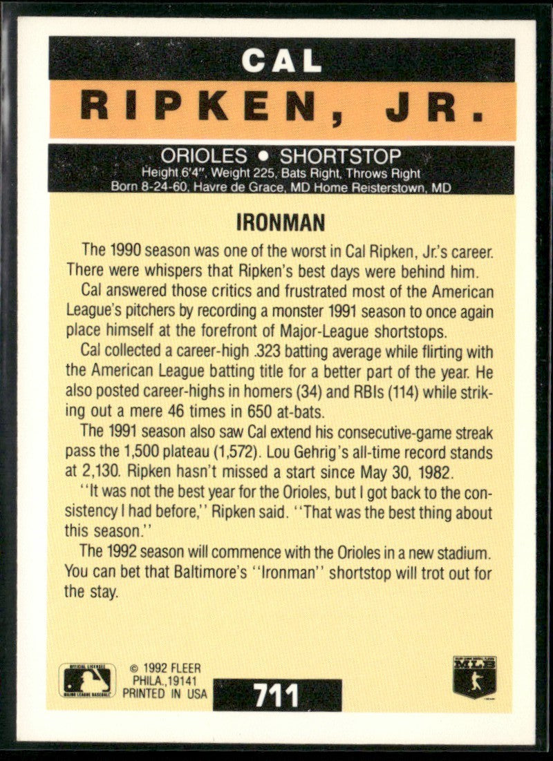 Cal Ripken, Jr. 1992 Fleer #711 Baltimore Orioles