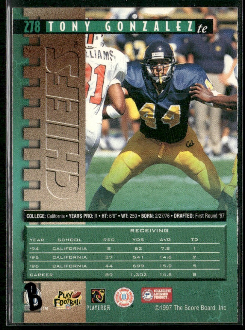 Tony Gonzalez 1997 Pro Line RC #278 Kansas City Chiefs