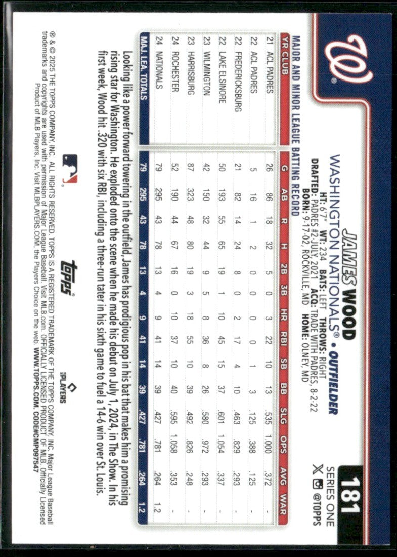 James Wood 2025 Topps RC #181 Washington Nationals