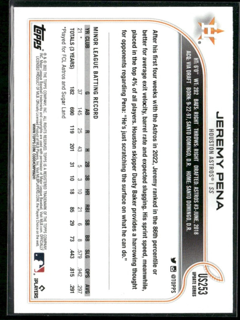 Jeremy Pena 2022 Topps Update RC #US253 Houston Astros
