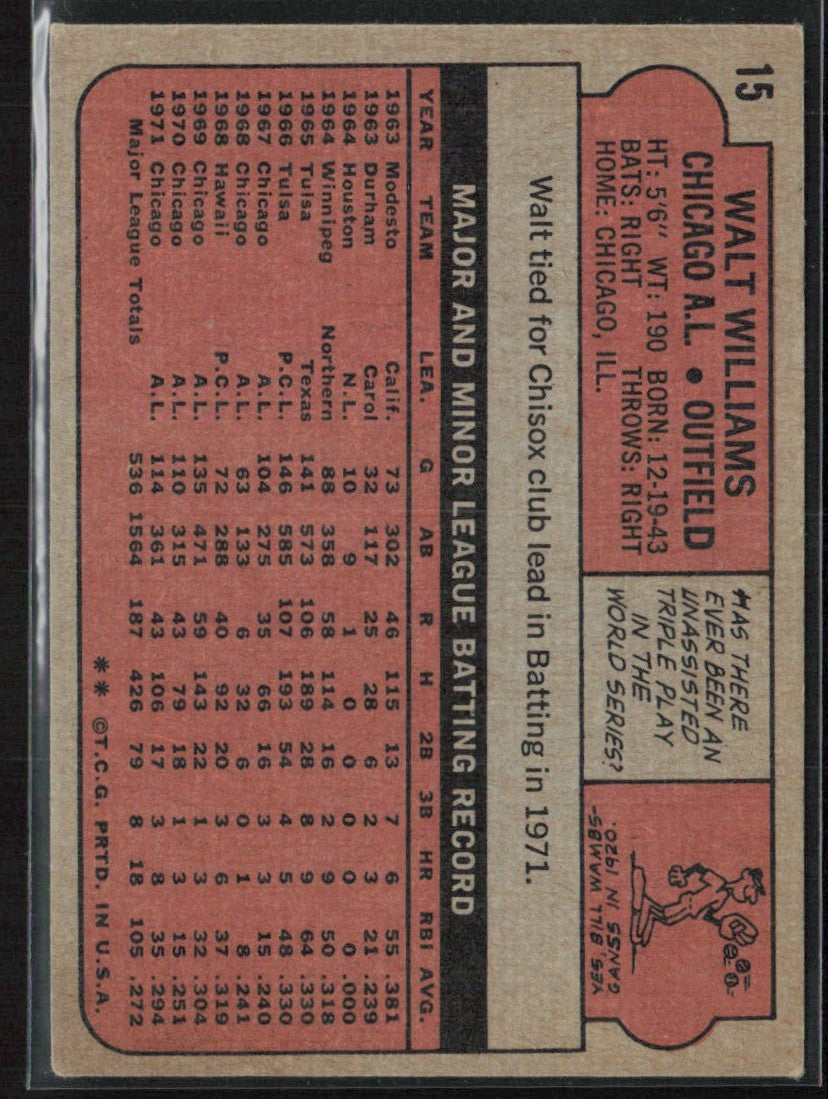 Walt Williams 1972 Topps #15 Chicago White Sox