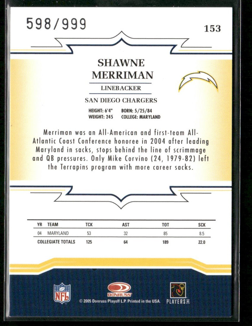 Shawne Merriman 2005 Donruss Throwback Threads RC /999 #153 San Diego Chargers
