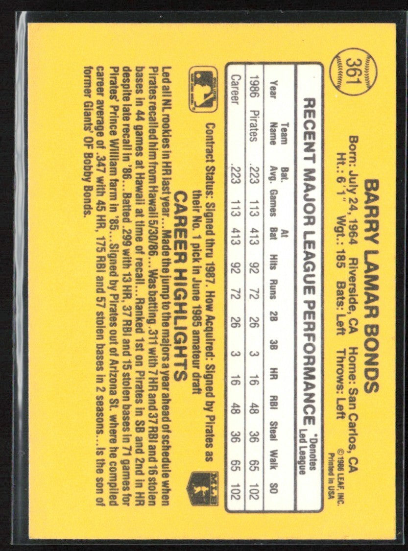 Barry Bonds 1987 Donruss RC #361 Pittsburgh Pirates