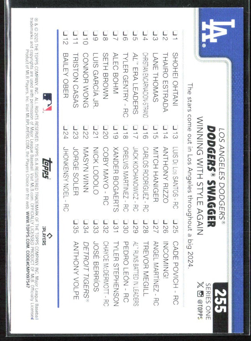 Andy Pages 2025 Topps Checklist #255 Los Angeles Dodgers
