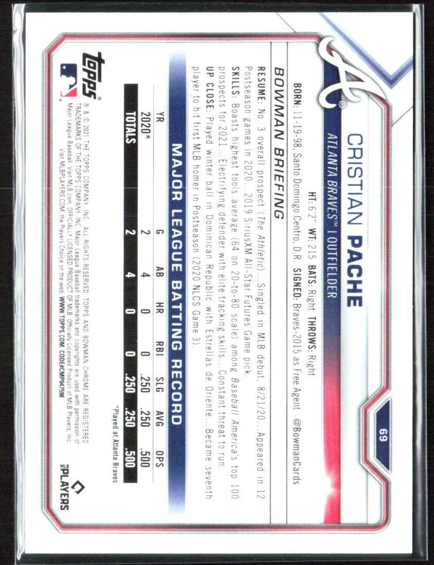 Cristian Pache 2021 Bowman Chrome Purple Refractor RC /250 #69 Atlanta Braves
