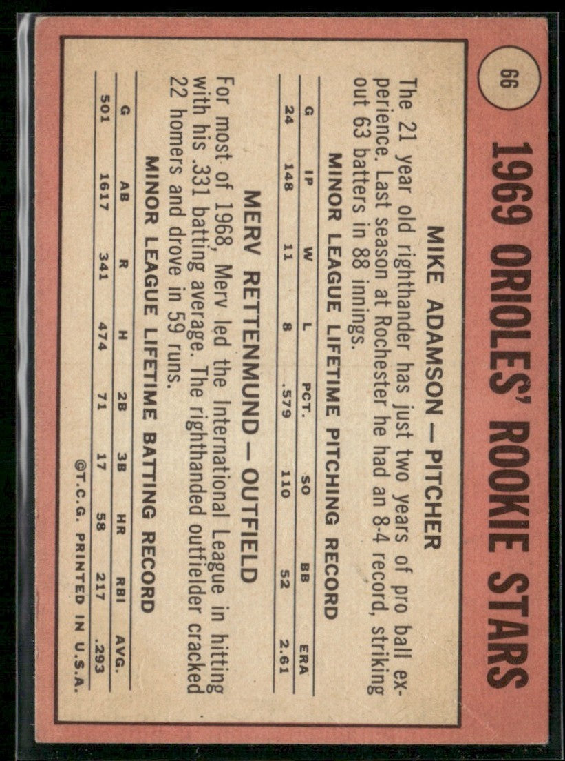 Orioles Rookies - Mike Adamson/M. Rettenmund 1969 Topps RC #66 Baltimore Orioles
