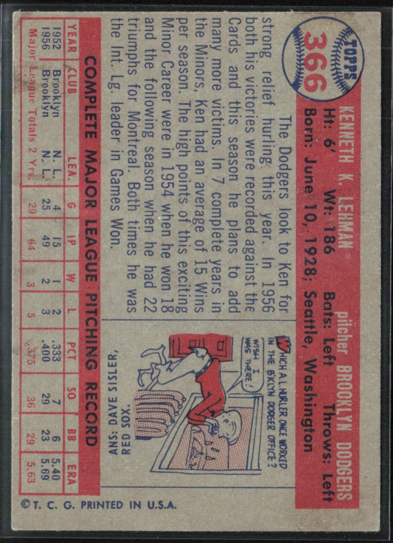 Ken Lehman 1957 Topps #366 Brooklyn Dodgers