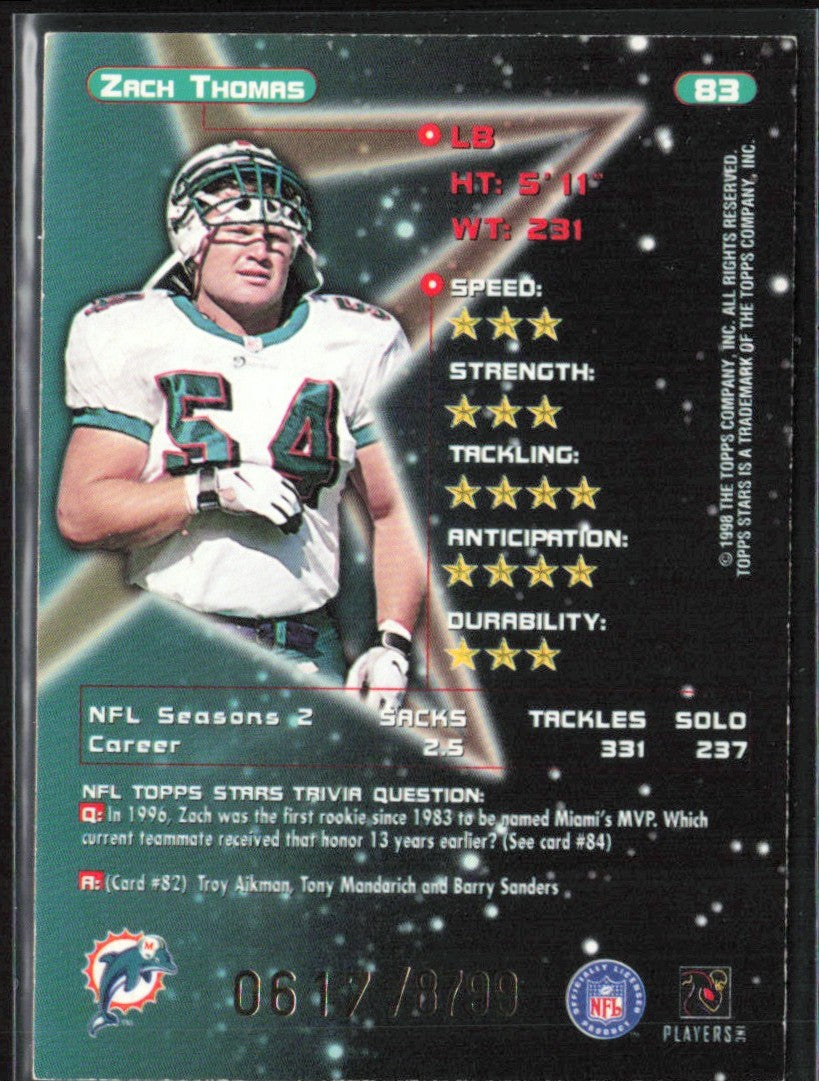 Zach Thomas 1998 Topps Stars Bronze /8799 #83 Miami Dolphins