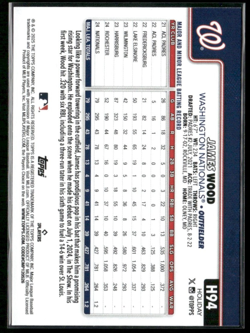 James Wood 2025 Topps Holiday RC #H94 Washington Nationals