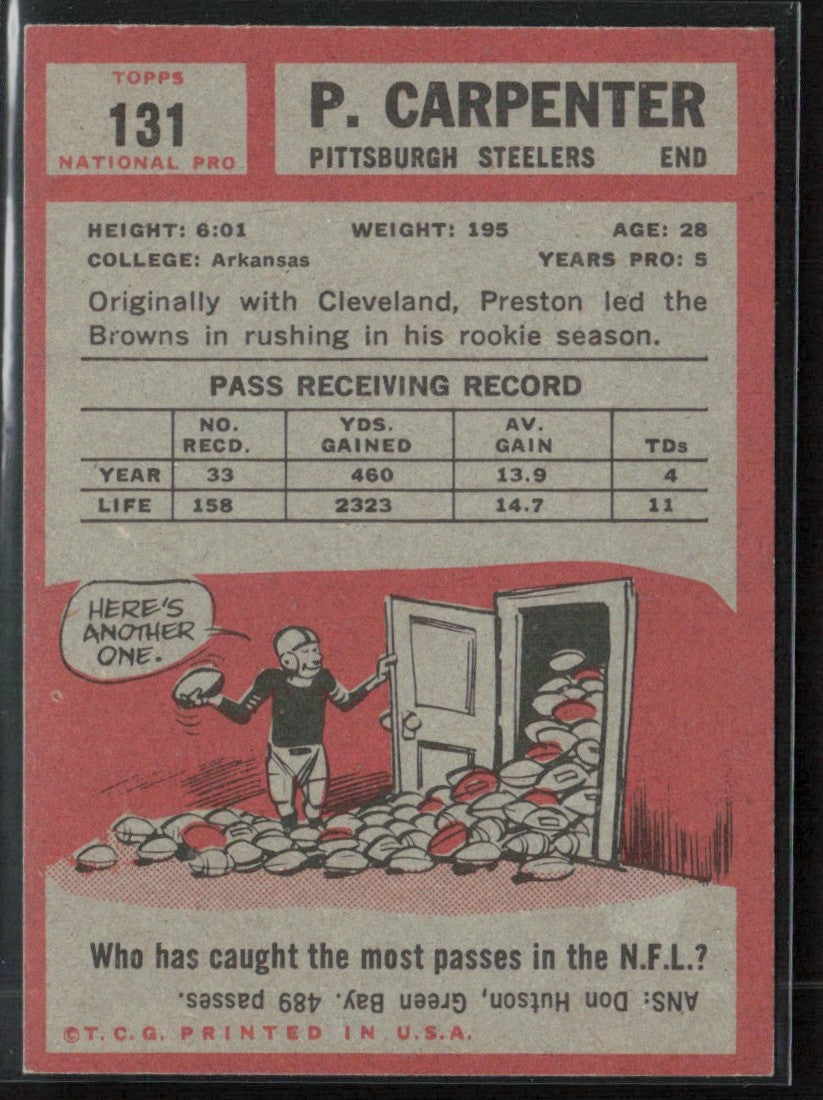 Preston Carpenter 1962 Topps #131 Pittsburgh Steelers