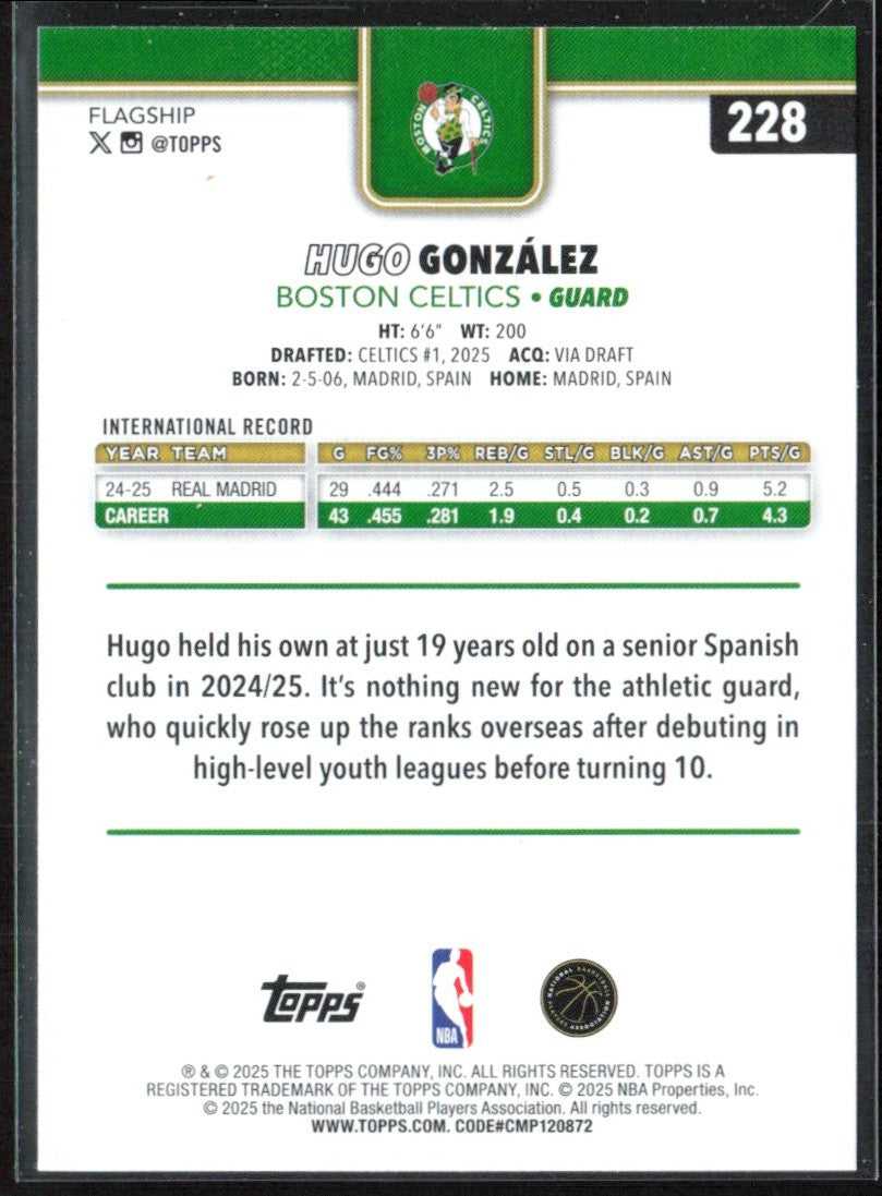 Hugo Gonzalez 2025 Topps RC #228 Boston Celtics