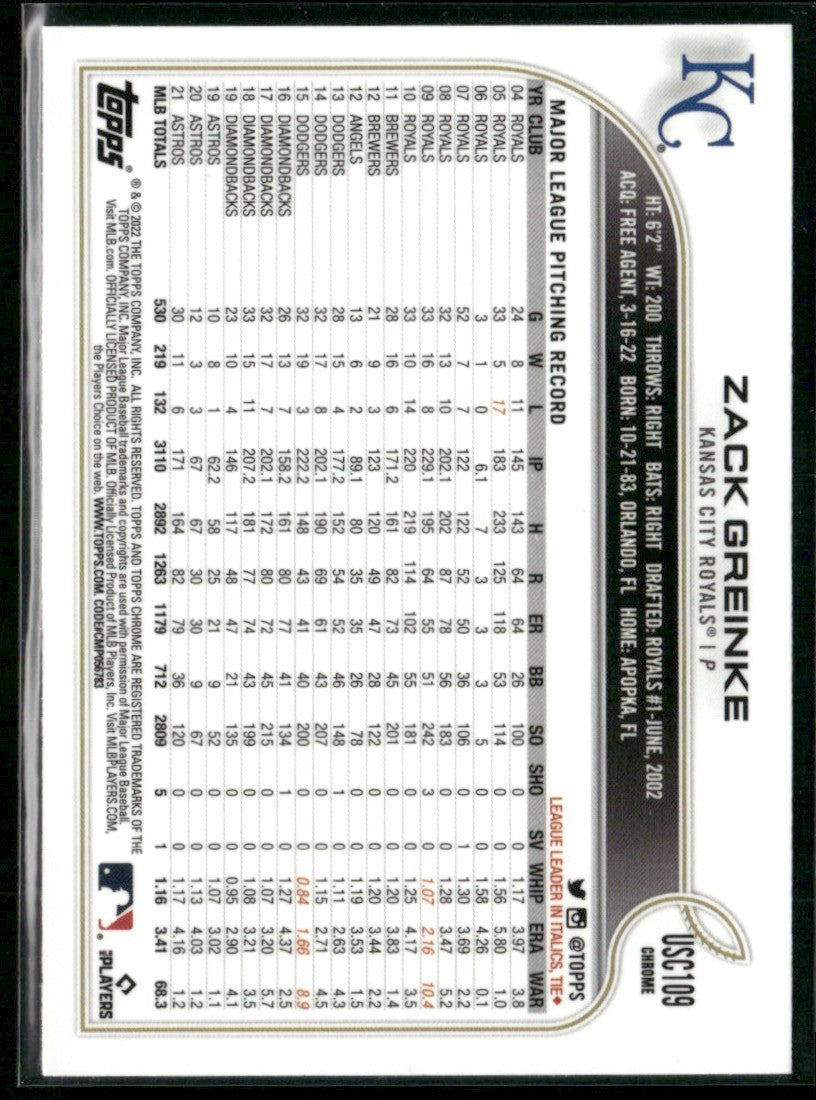 Zack Greinke 2022 Topps Chrome Update Purple #USC109 Kansas City Royals