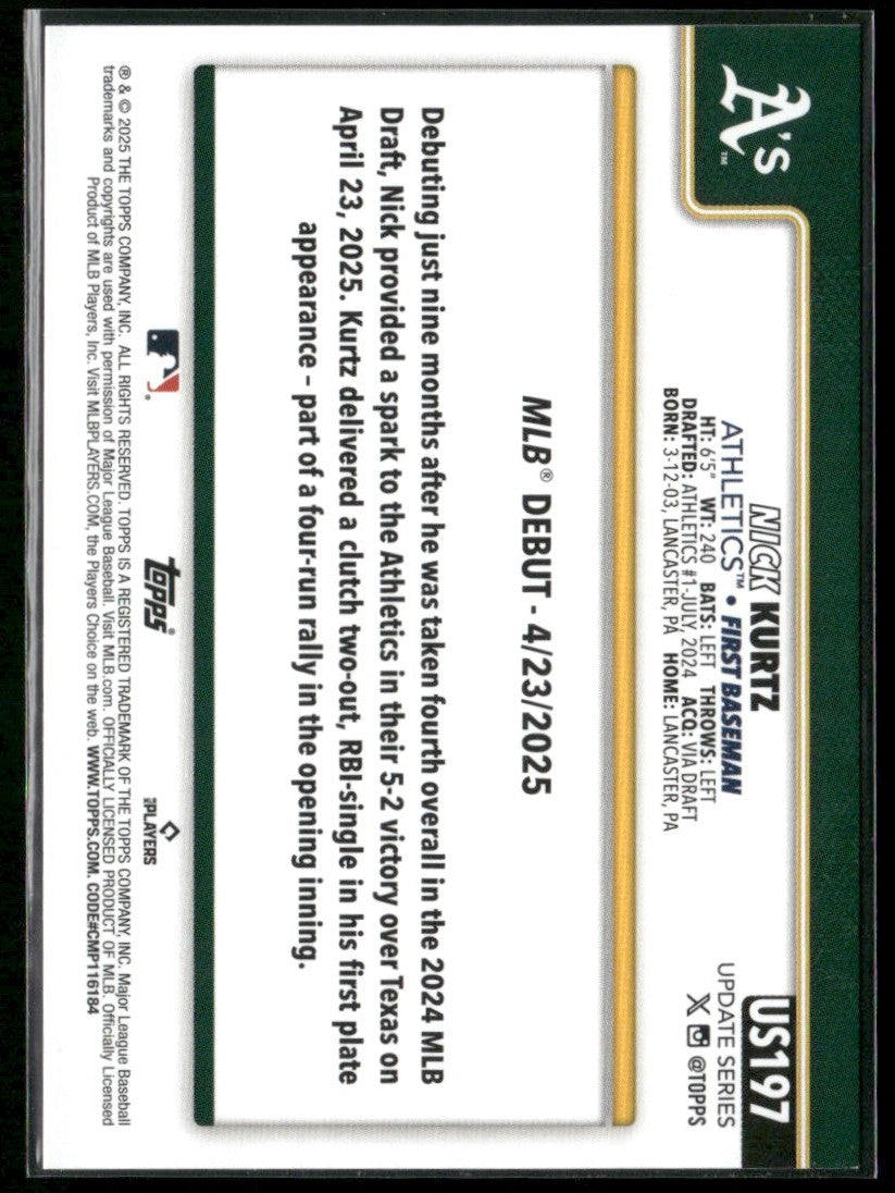 Nick Kurtz 2025 Topps Update RC #US197 Athletics