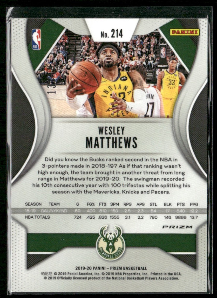 Wesley Matthews 2019 Panini Prizm Orange /49 #214 Milwaukee Bucks