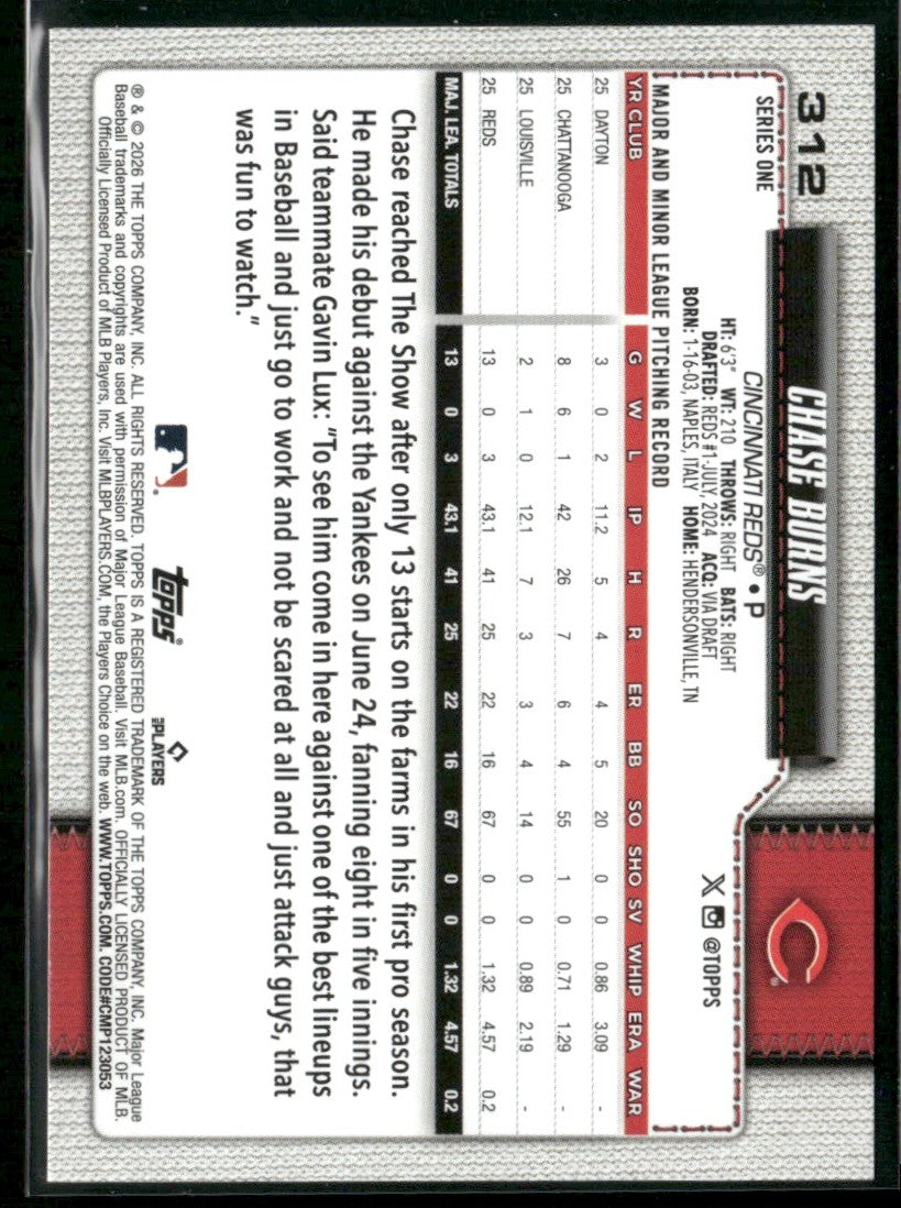 Chase Burns 2026 Topps RC #312 Cincinnati Reds